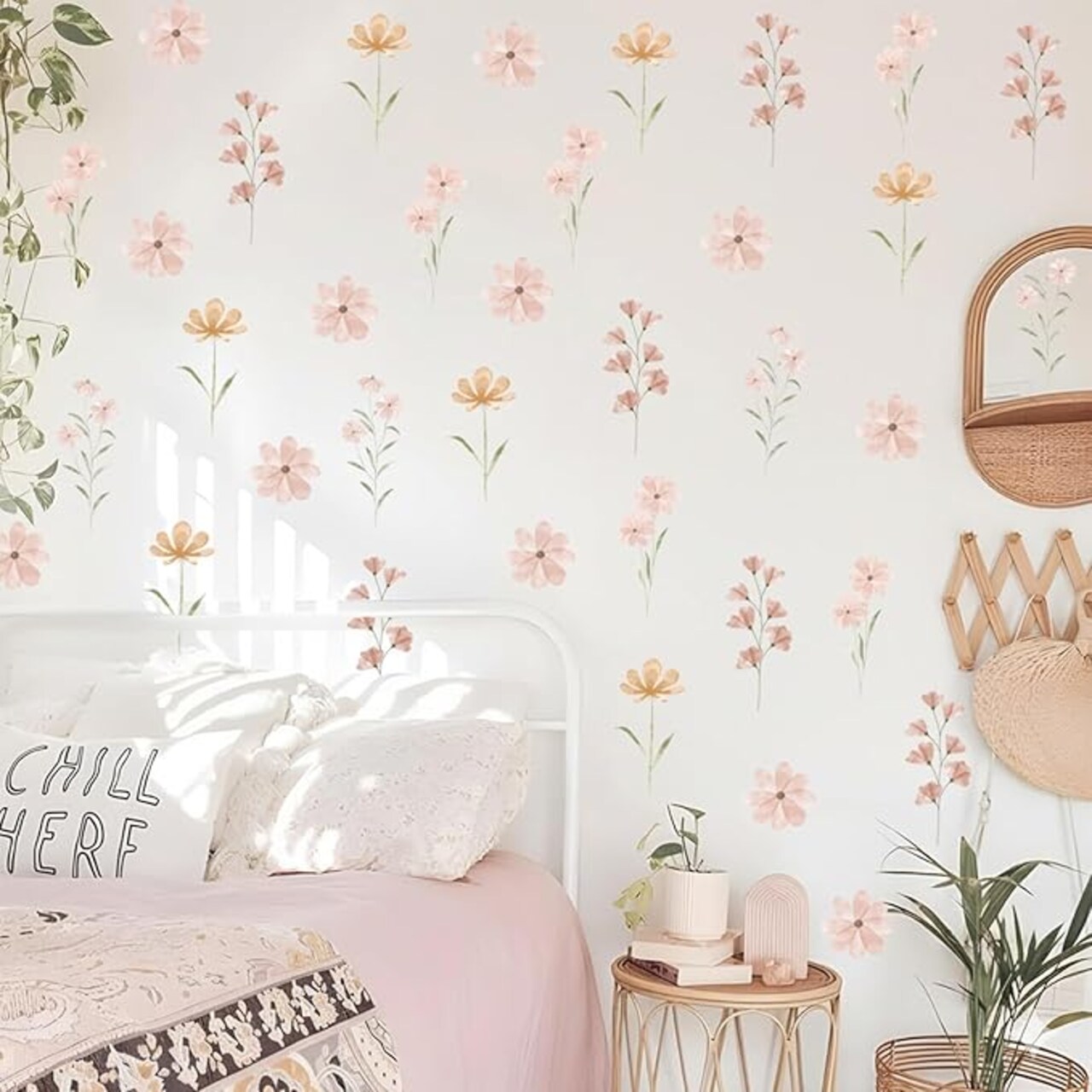 48-Piece Boho Daisy Wall Decals - Dual-Layer Watercolor Flower Stickers - Removable Peel and Stick Floral Decor for Nurseries, Playrooms, & Kids' Bedrooms
